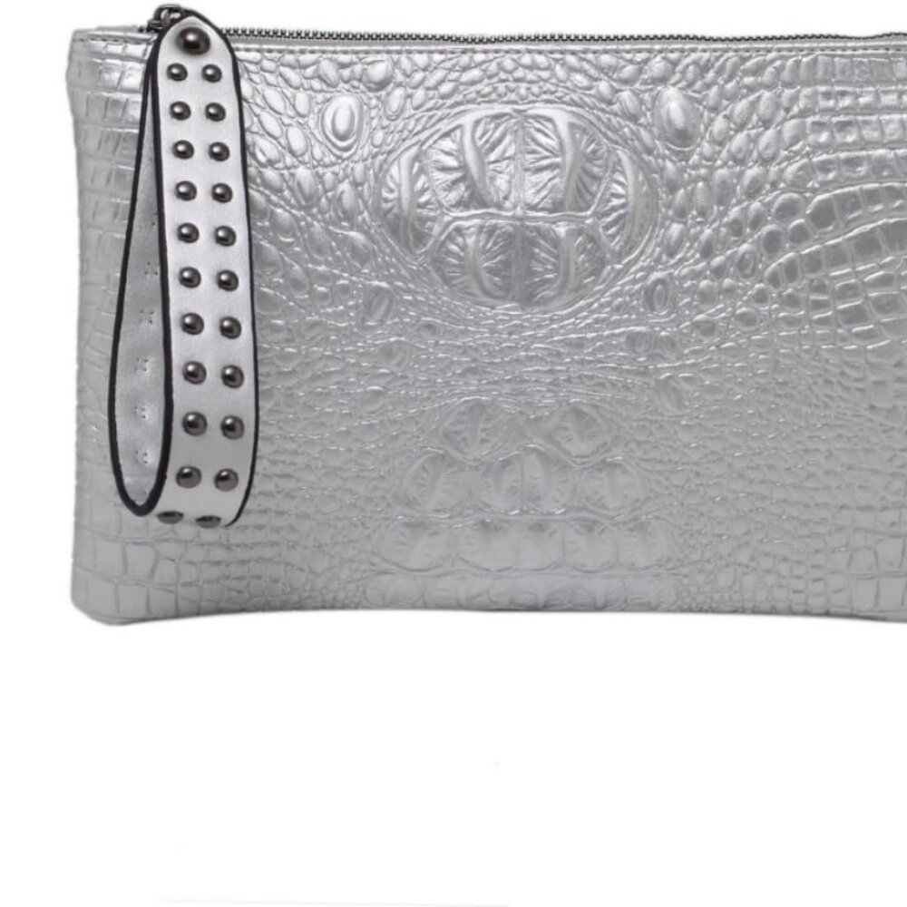 Women Faux Leather Crocodile Envelope Clutch Bag Wristlet Zipper Evening Handbag